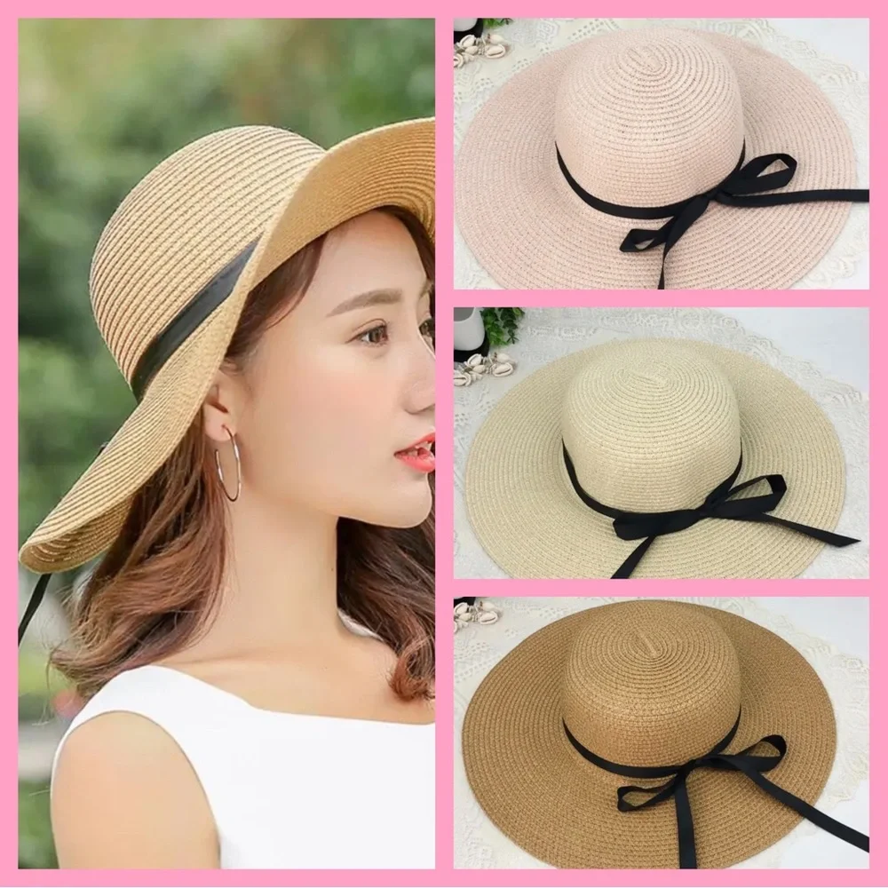 WIDE BRIM SUN HAT IN PINK, KHAKI OR NATURAL WITH‎ A BLACK RIBBON-NEW